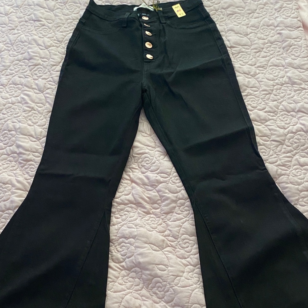 High-Waist Black Flare Button-Front Pants size 13